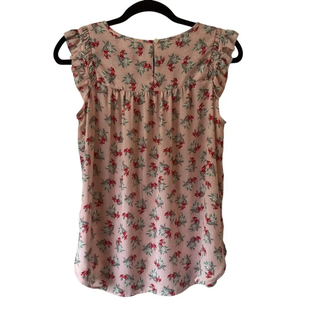 LOFT Petite Small Spring Leaf Flutter Shell Floral Blouse - Pink Red Green